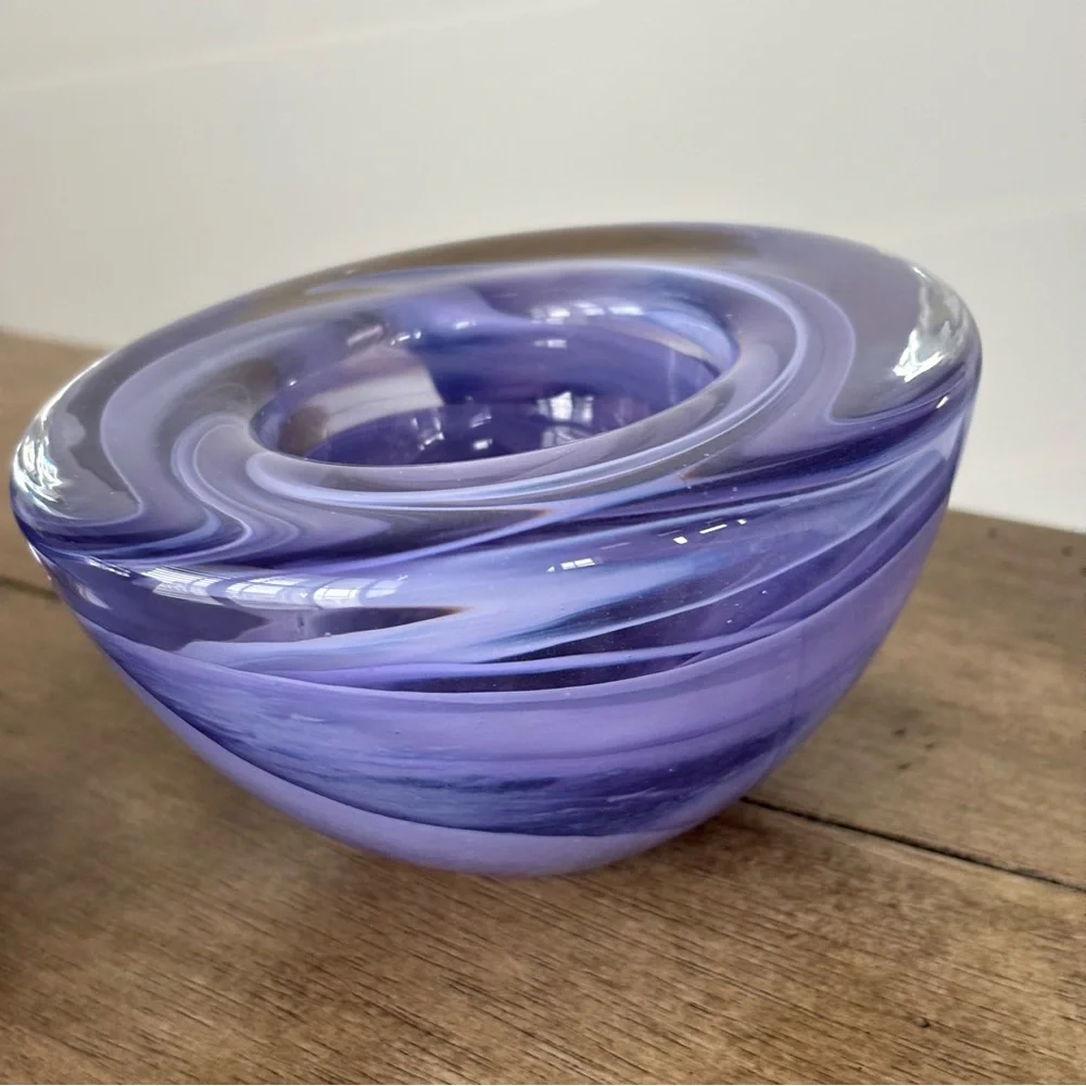 Atoll Collection by Kosta Boda Glass Tealight Holders Lilac Swirl Set of Two